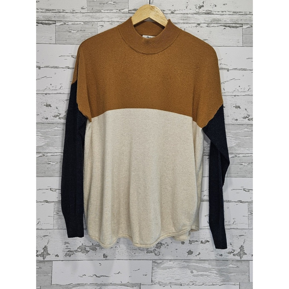 Madewell Colorblock Mock Neck Sweater Brown Cream Navy Merino Alpaca Blend M
